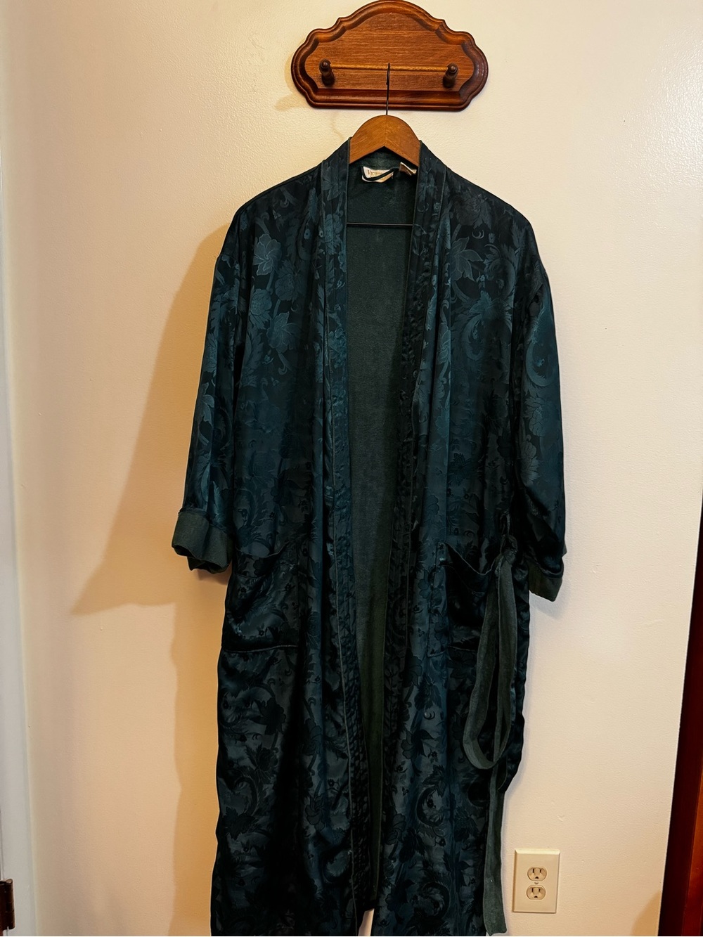 VTG Victorias Secret Gold Label Dark Teal Jacquard Long Robe Coat with lining